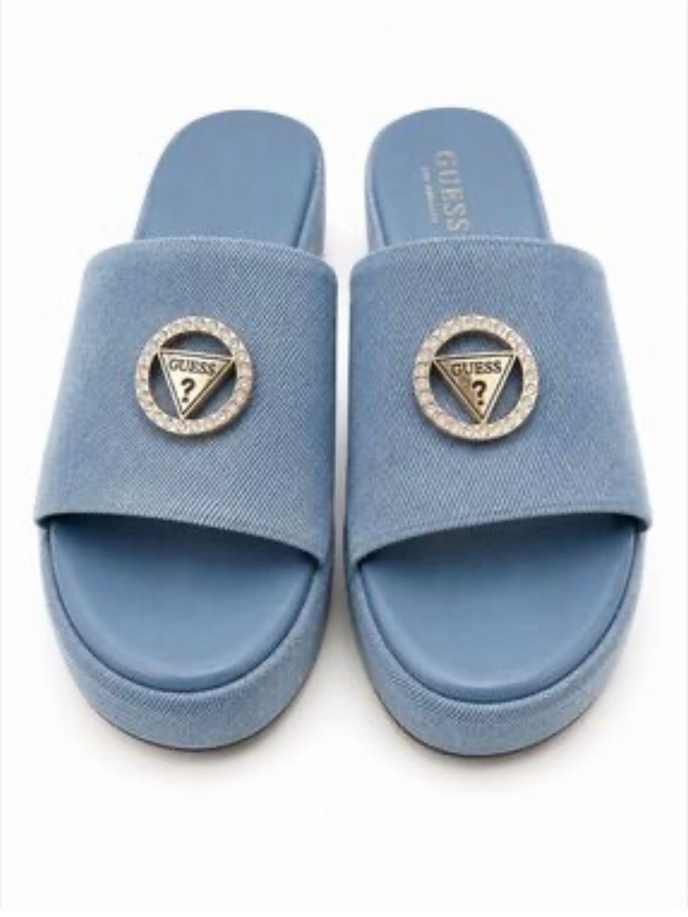 GUESS Light Blue Slide Sandals with Gold Logo Medallions